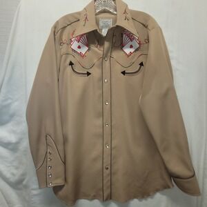 H Bar C Western Shirt Men's Royal Flush Poker Embroidered Snap Tan Sz 15 1/2